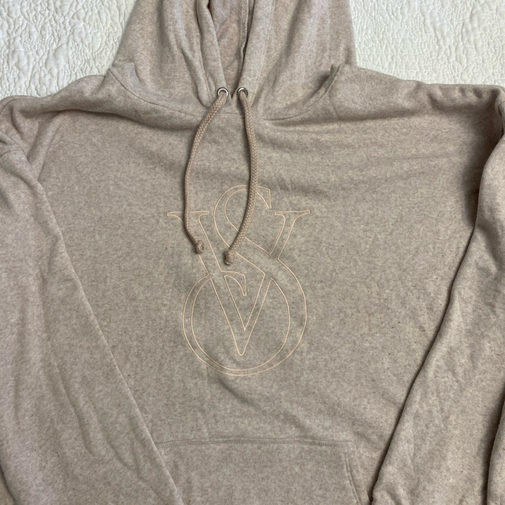 Vintage Y2K Victoria's Secret Cream Hooded Sweatshirt with Pink embroidered logo